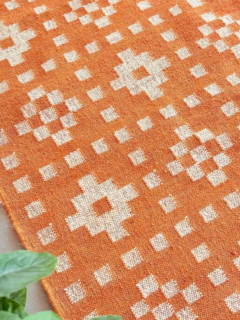 Farmhouse Rectangle Handmade Kilim Wool Jute Rug -Orange Durable Rustic Look Boho Mats Boho Area Carpet