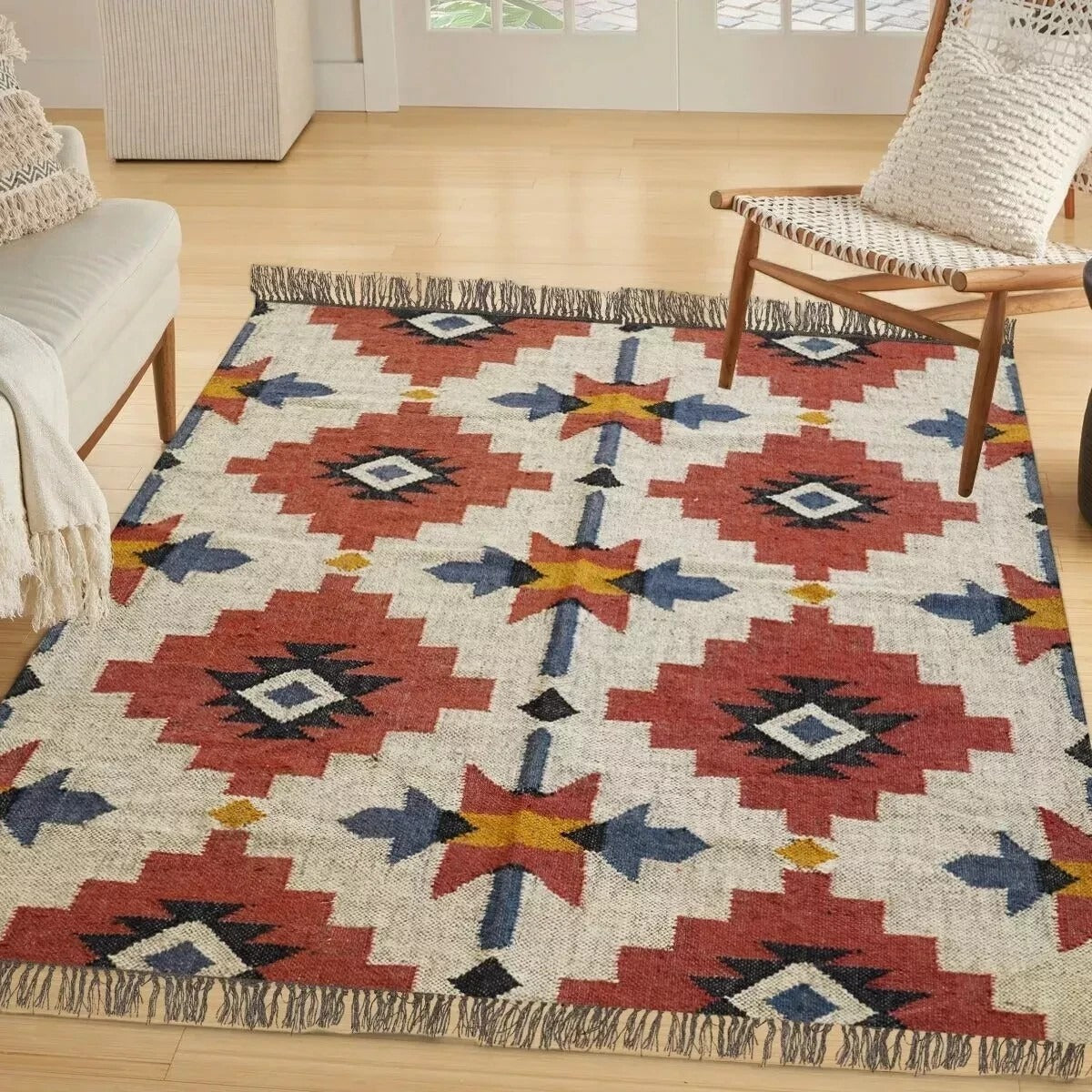 Durable Rustic Look Farmhouse Rectangle Handmade Kilim Wool Jute Rug -Boho Mats Boho Area Multicolor Carpet