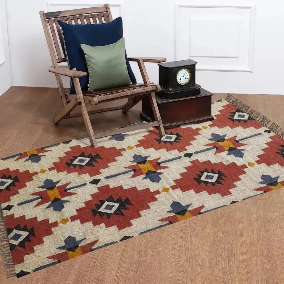 Durable Rustic Look Farmhouse Rectangle Handmade Kilim Wool Jute Rug -Boho Mats Boho Area Multicolor Carpet