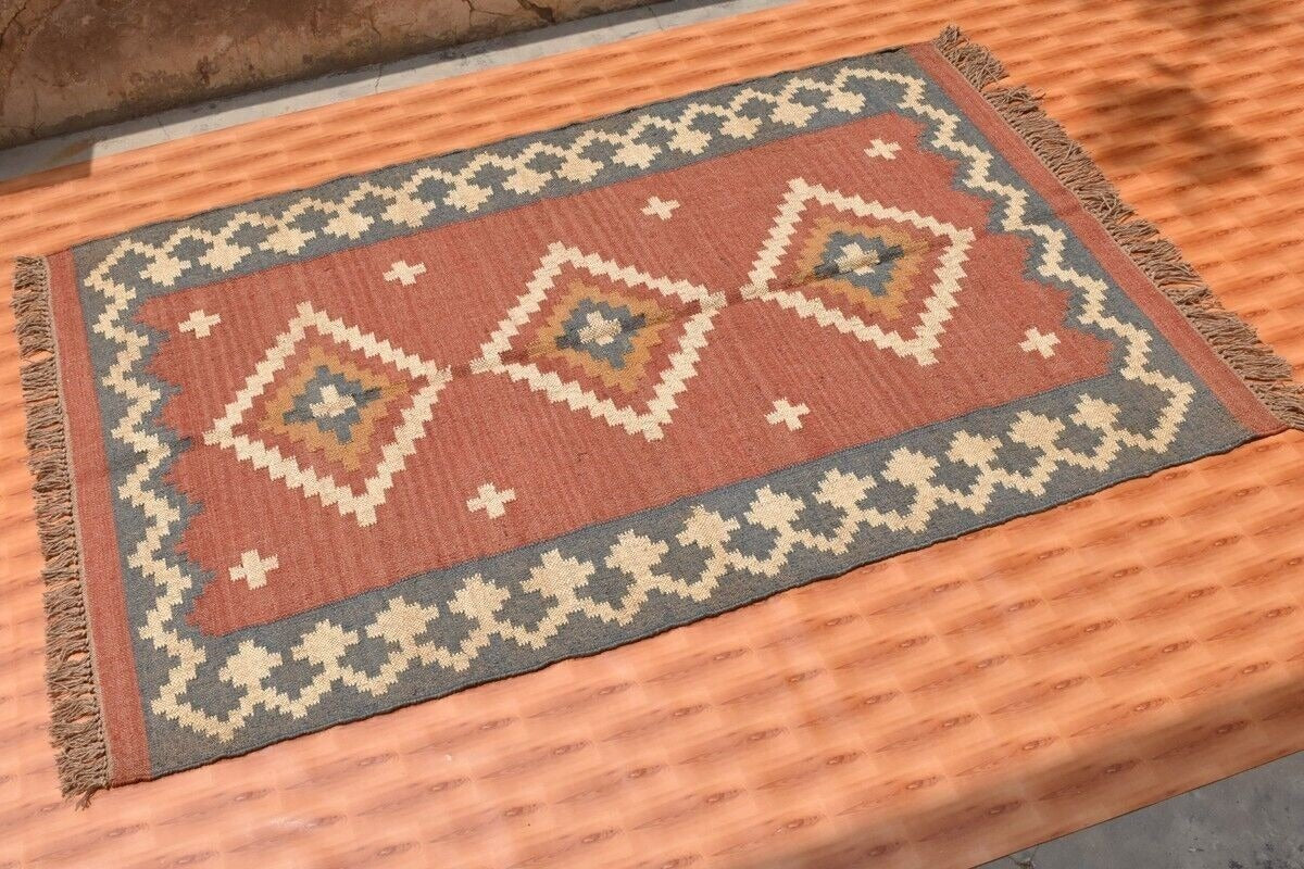 Durable Rustic Look Farmhouse Handmade Kilim Wool Jute Rug -Boho Mats Boho Area Rectangle Carpet Multicolor