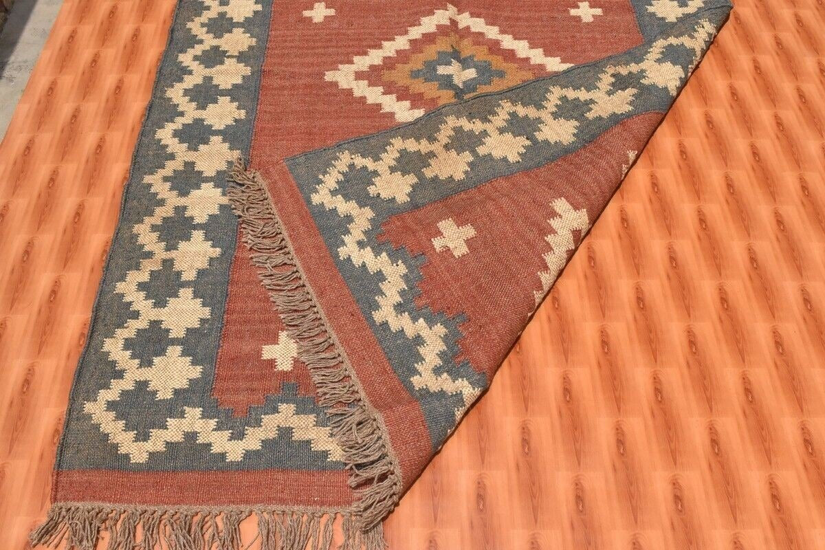 Durable Rustic Look Farmhouse Handmade Kilim Wool Jute Rug -Boho Mats Boho Area Rectangle Carpet Multicolor