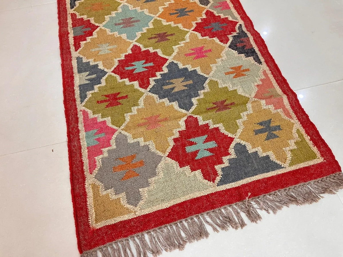 Handmade Kilim Wool Durable Rustic Look Farmhouse Jute Rug -Boho Mats Boho Area Rectangle Carpet Multicolor