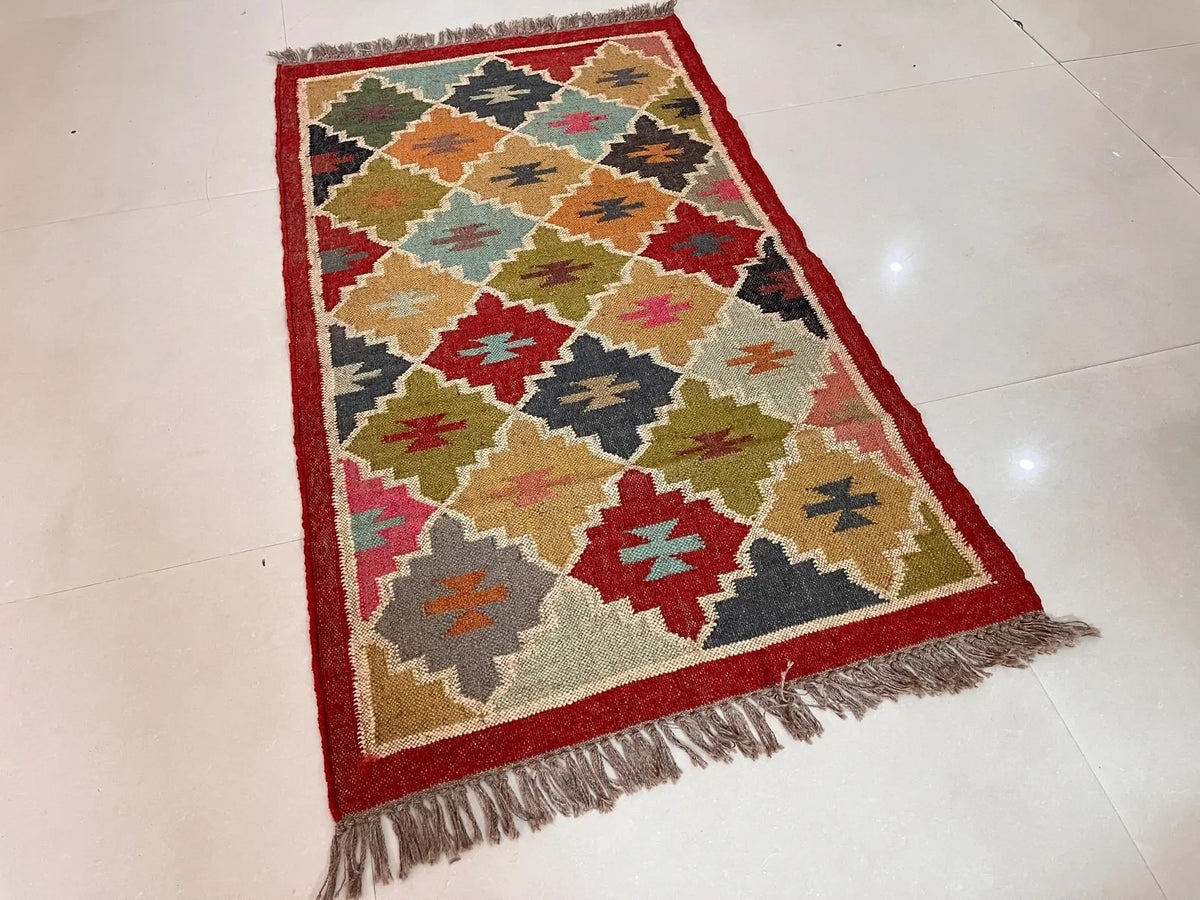 Handmade Kilim Wool Durable Rustic Look Farmhouse Jute Rug -Boho Mats Boho Area Rectangle Carpet Multicolor