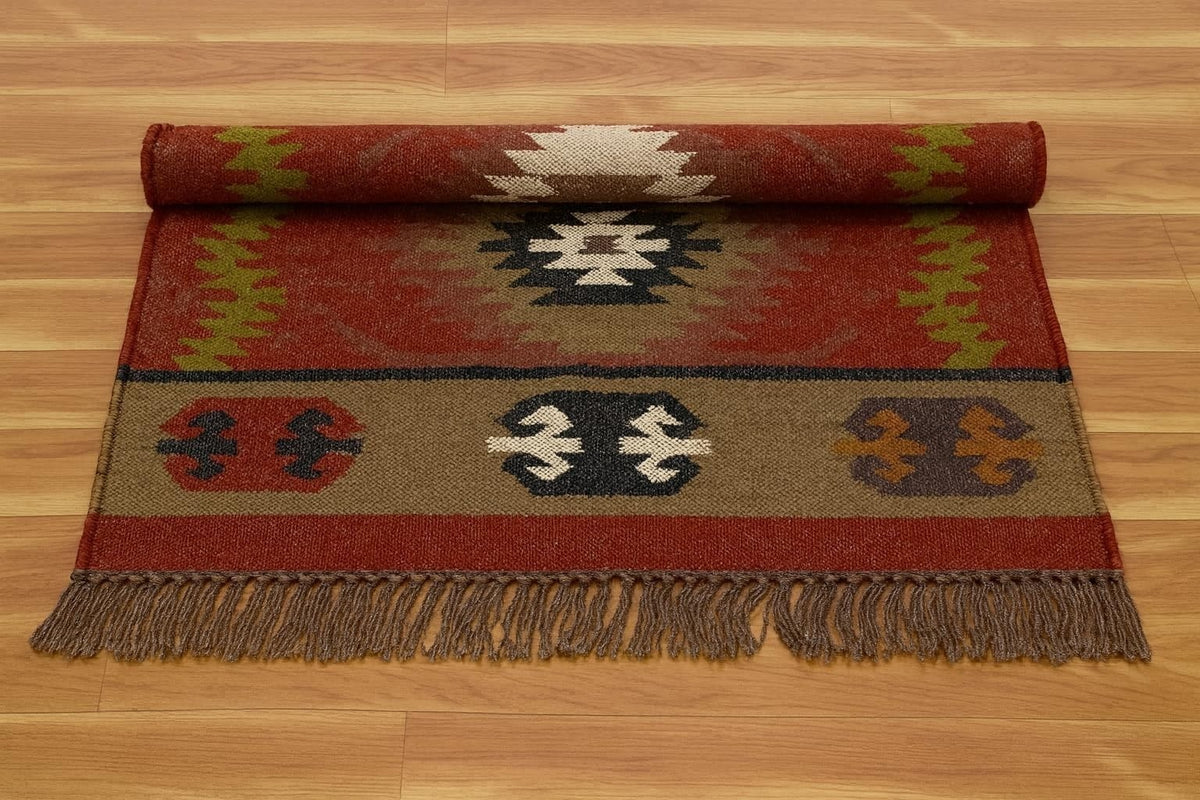 Multicolor Handmade Kilim Wool Durable Rustic Look Farmhouse Jute Rug -Boho Mats Boho Area Rectangle Carpet