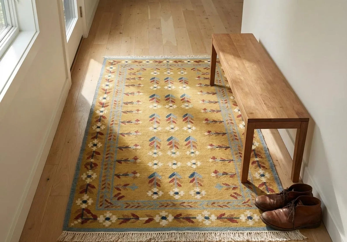 Multicolor Handmade Kilim Wool Durable Rustic Look Farmhouse Jute Rug -Boho Mats Boho Rectangle Area Carpet Yellow