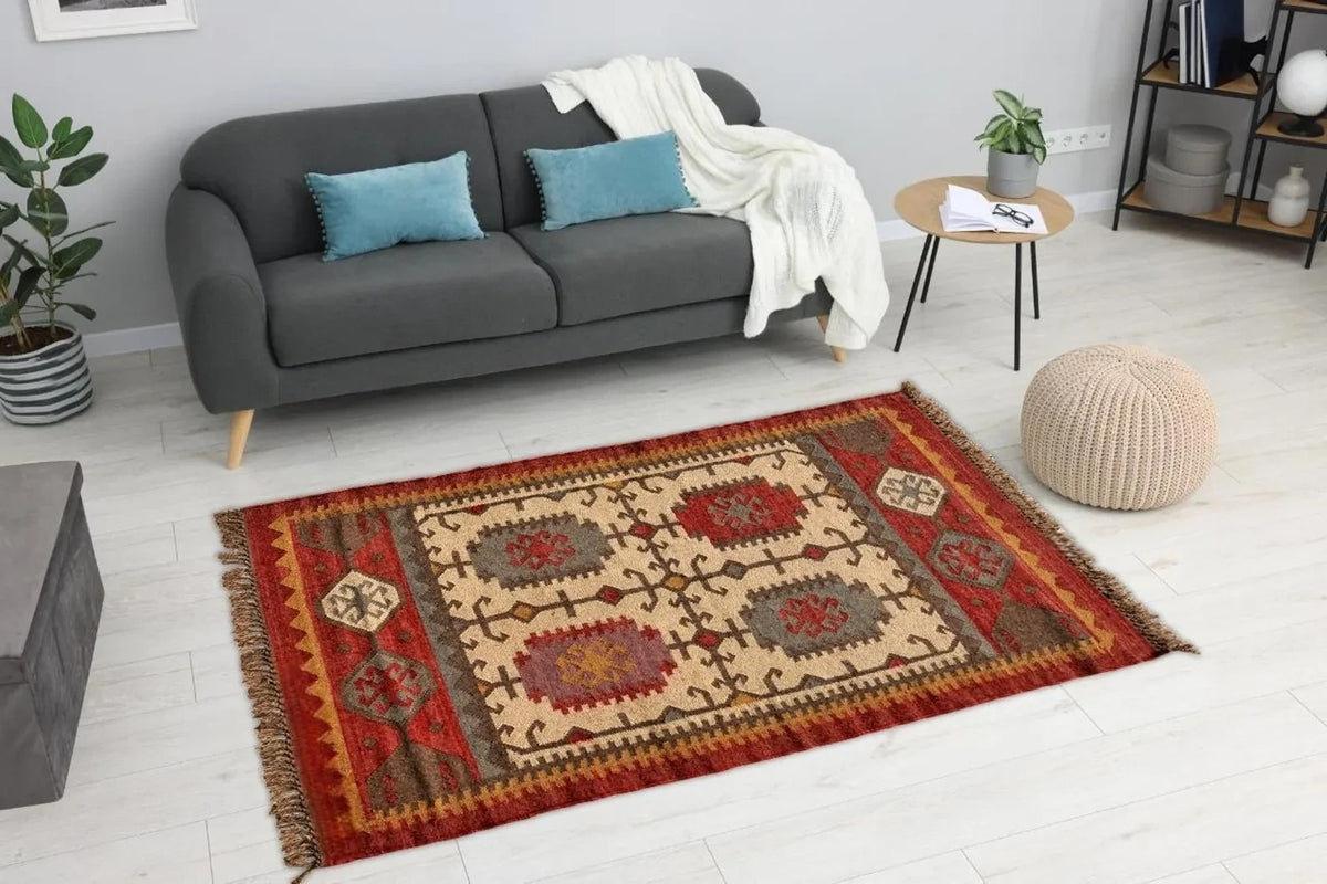 Multicolor Handmade Kilim Wool Durable Rustic Look Farmhouse Jute Rug -Rectangle Boho Mats Boho Area Carpet