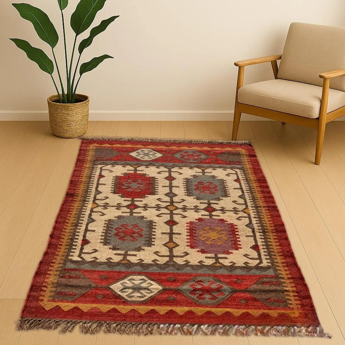Multicolor Handmade Kilim Wool Durable Rustic Look Farmhouse Jute Rug -Rectangle Boho Mats Boho Area Carpet