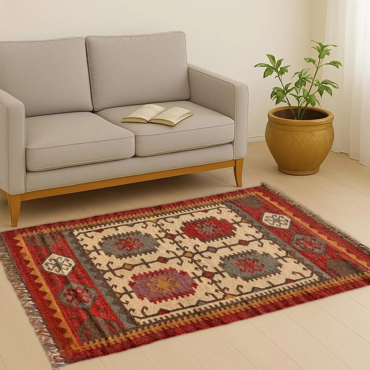 Multicolor Handmade Kilim Wool Durable Rustic Look Farmhouse Jute Rug -Rectangle Boho Mats Boho Area Carpet
