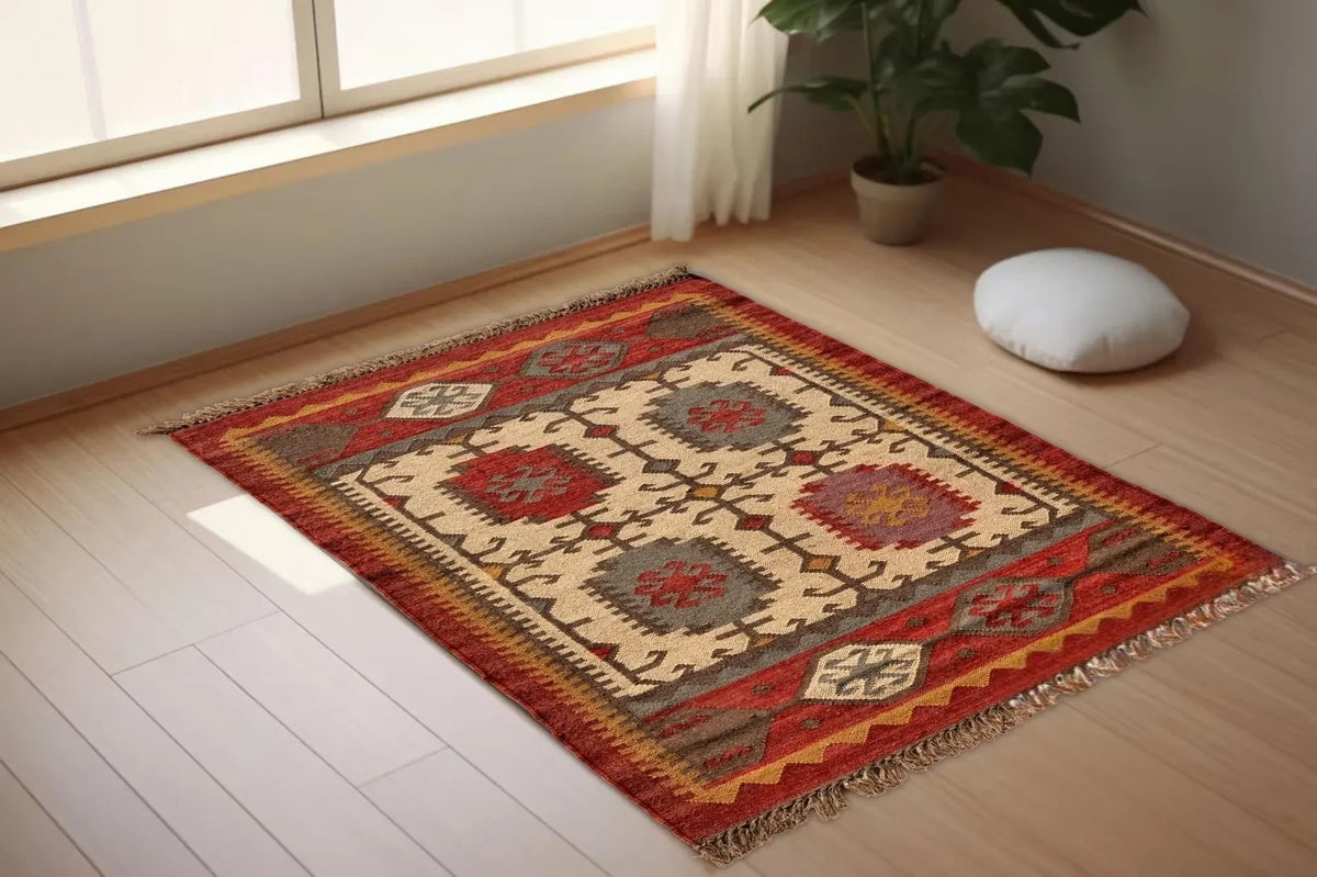 Multicolor Handmade Kilim Wool Durable Rustic Look Farmhouse Jute Rug -Rectangle Boho Mats Boho Area Carpet