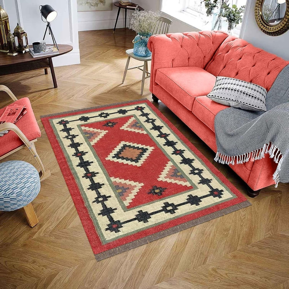 Rectangle Boho Mats Multicolor Handmade Kilim Wool Durable Rustic Look Farmhouse Jute Rug - Boho Area Carpet