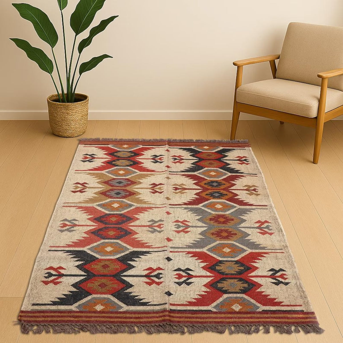 Handmade Kilim Rectangle Boho Mats Multicolor Wool Durable Rustic Look Farmhouse Jute Rug - Boho Area Carpet