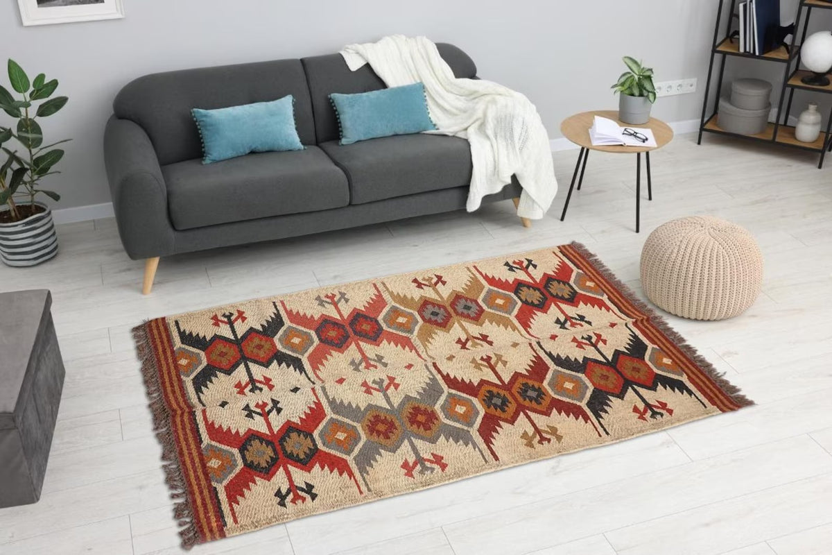 Handmade Kilim Rectangle Boho Mats Multicolor Wool Durable Rustic Look Farmhouse Jute Rug - Boho Area Carpet