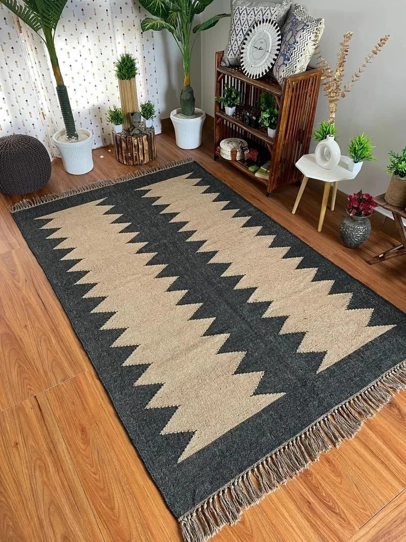 Handmade Kilim Rectangle Boho Mats Multicolor Wool Durable Rustic Look Farmhouse Jute Rug - Boho Area Carpet