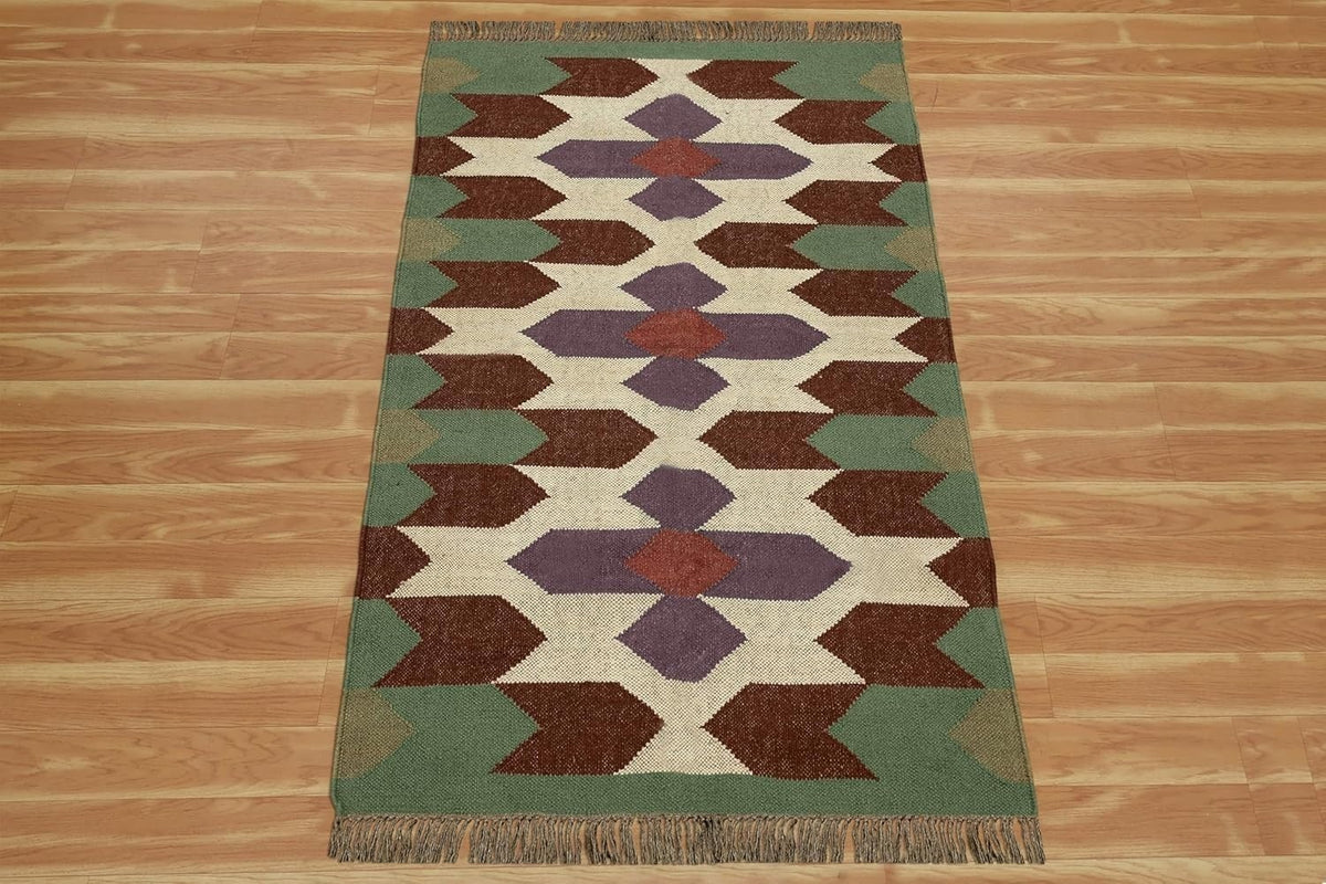 Handmade Kilim Rectangle Boho Mats Wool Durable Rustic Look Farmhouse Jute Rug - Boho Area Carpet