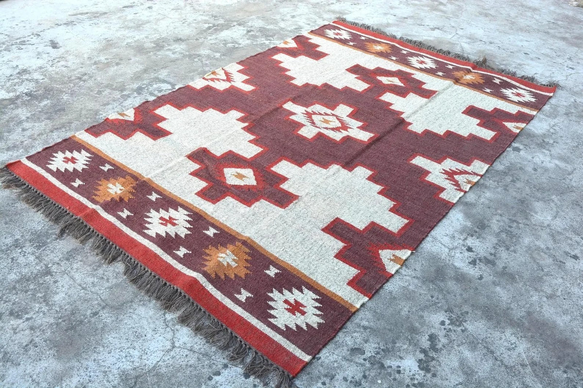 Handmade Kilim Rectangle Boho Mats Wool Durable Rustic Look Boho Area Carpet Farmhouse Jute Rug