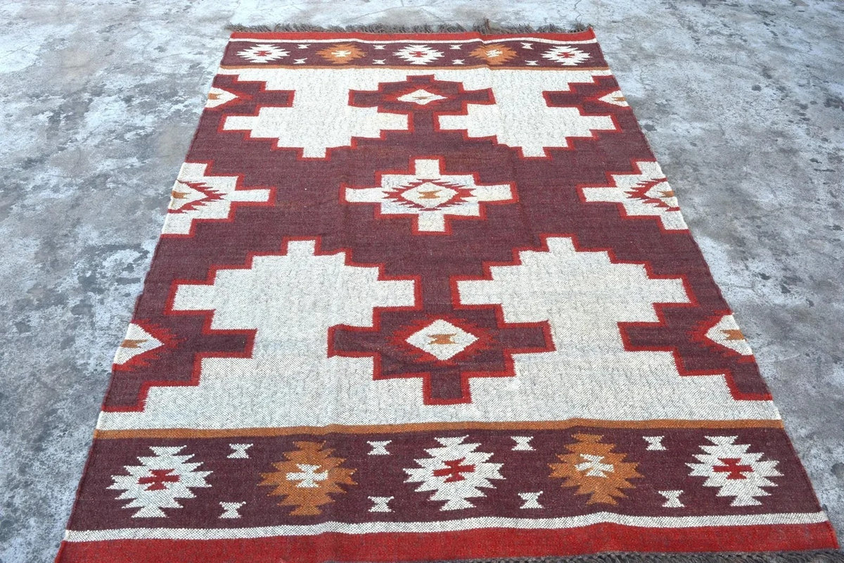 Handmade Kilim Rectangle Boho Mats Wool Durable Rustic Look Boho Area Carpet Farmhouse Jute Rug