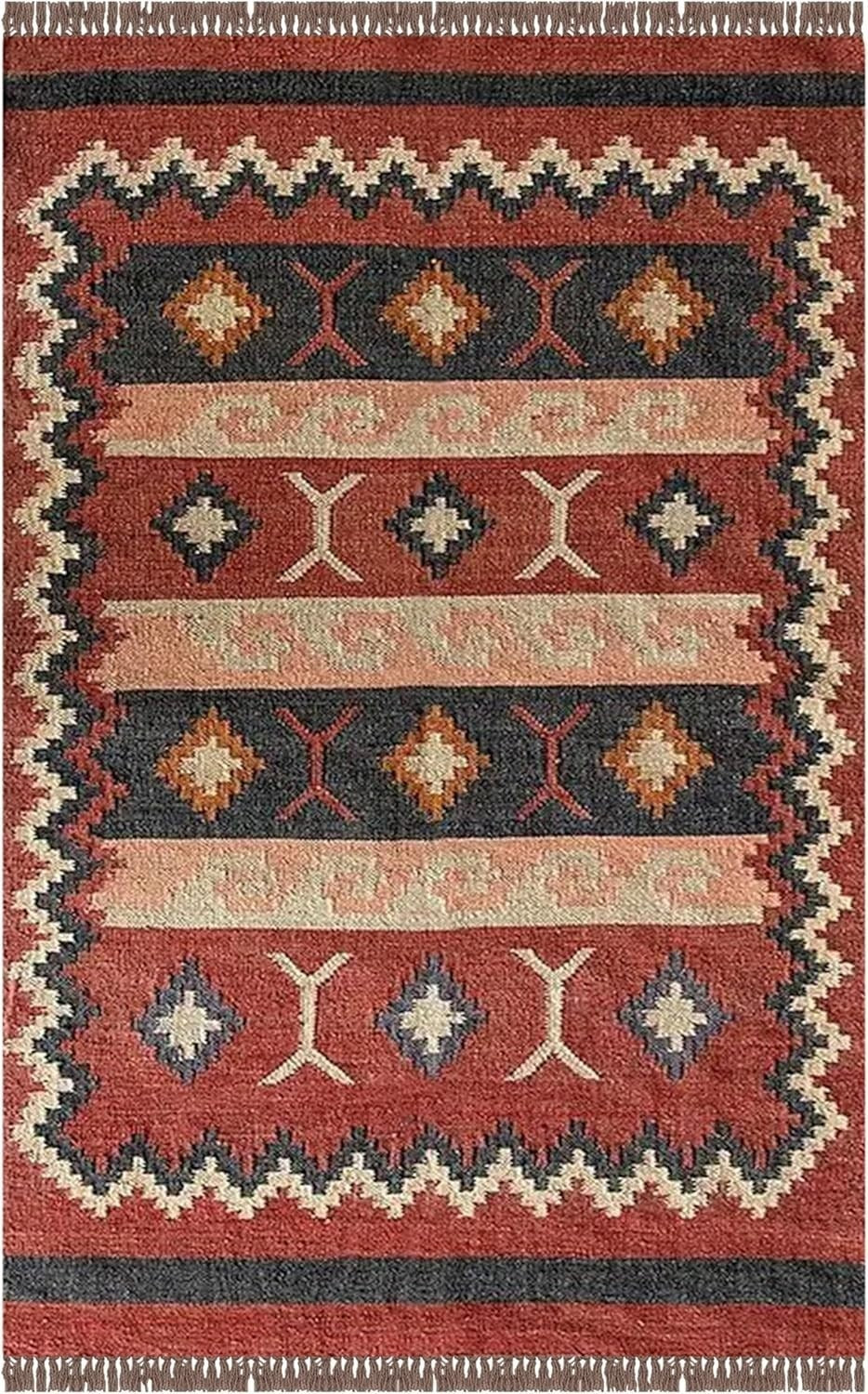 Handmade Kilim Rectangle Boho Mats Wool Durable Rustic Look Boho Area Carpet Farmhouse Jute Rug Multicolor