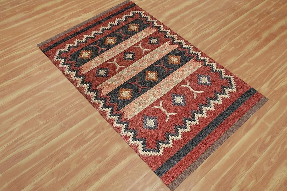 Handmade Kilim Rectangle Boho Mats Wool Durable Rustic Look Boho Area Carpet Farmhouse Jute Rug Multicolor