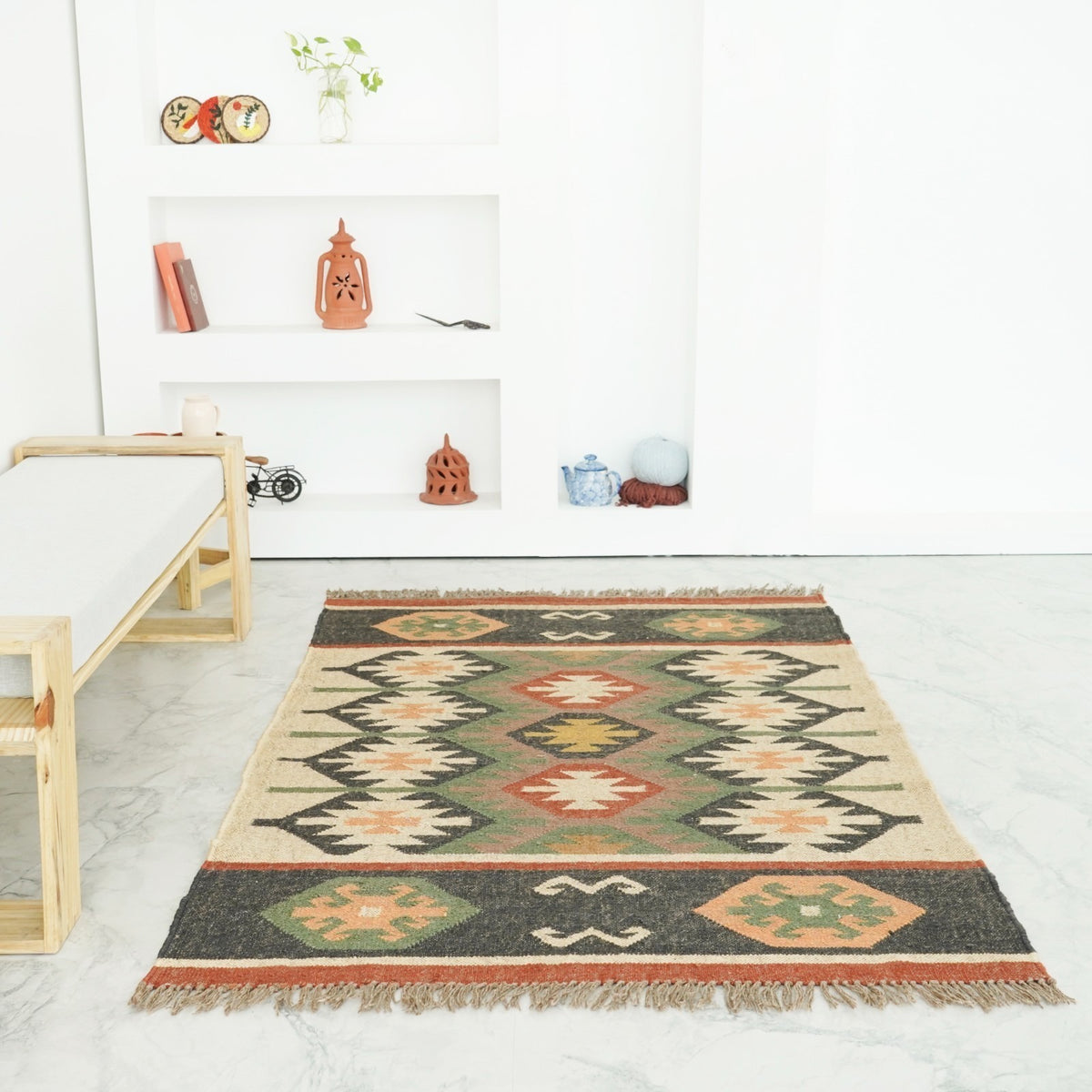 Handmade Kilim Rectangle Boho Mats Wool Durable Rustic Look Boho Area Carpet Farmhouse Jute Rug