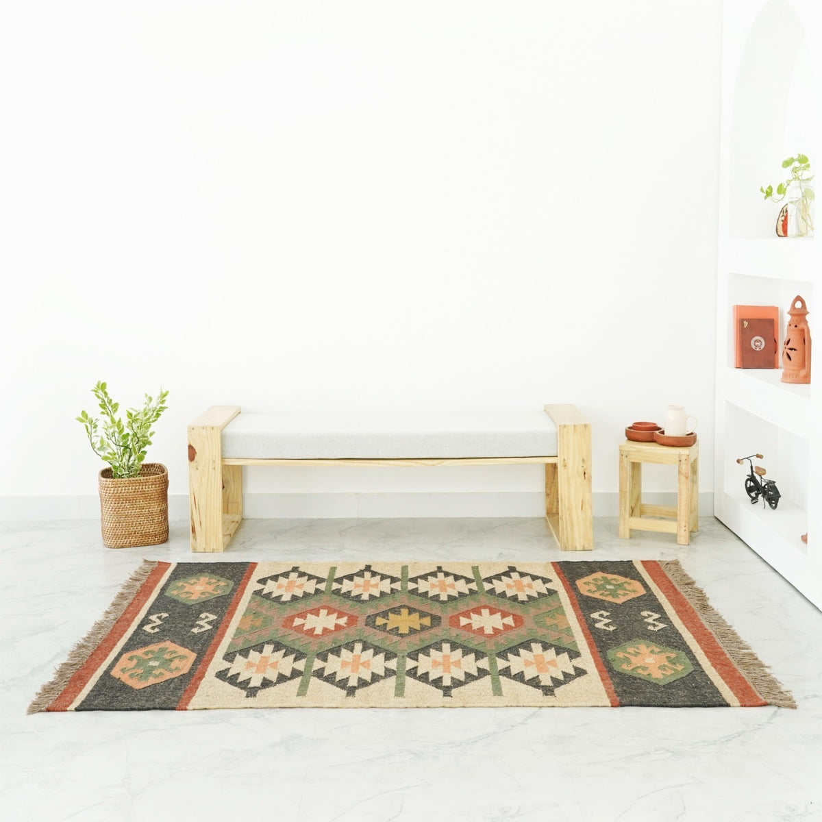 Handmade Kilim Rectangle Boho Mats Wool Durable Rustic Look Boho Area Carpet Farmhouse Jute Rug
