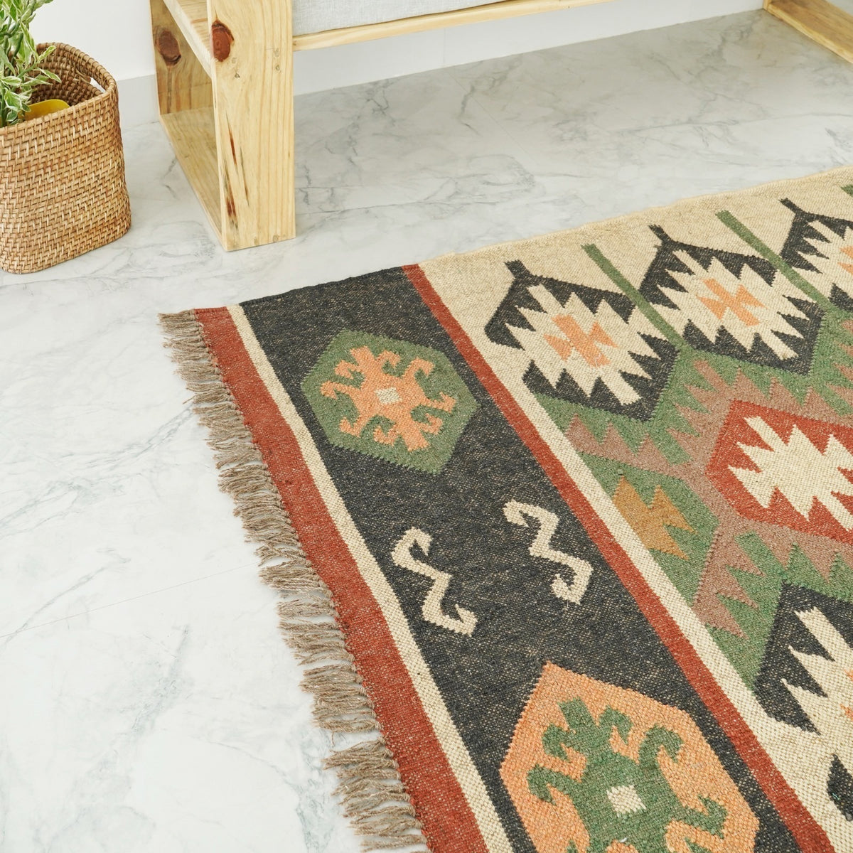 Handmade Kilim Rectangle Boho Mats Wool Durable Rustic Look Boho Area Carpet Farmhouse Jute Rug