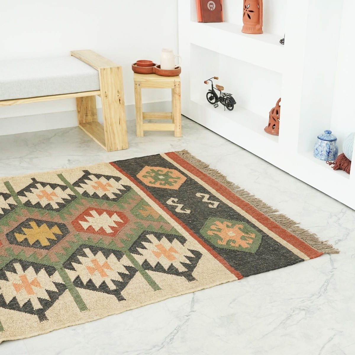 Handmade Kilim Rectangle Boho Mats Wool Durable Rustic Look Boho Area Carpet Farmhouse Jute Rug