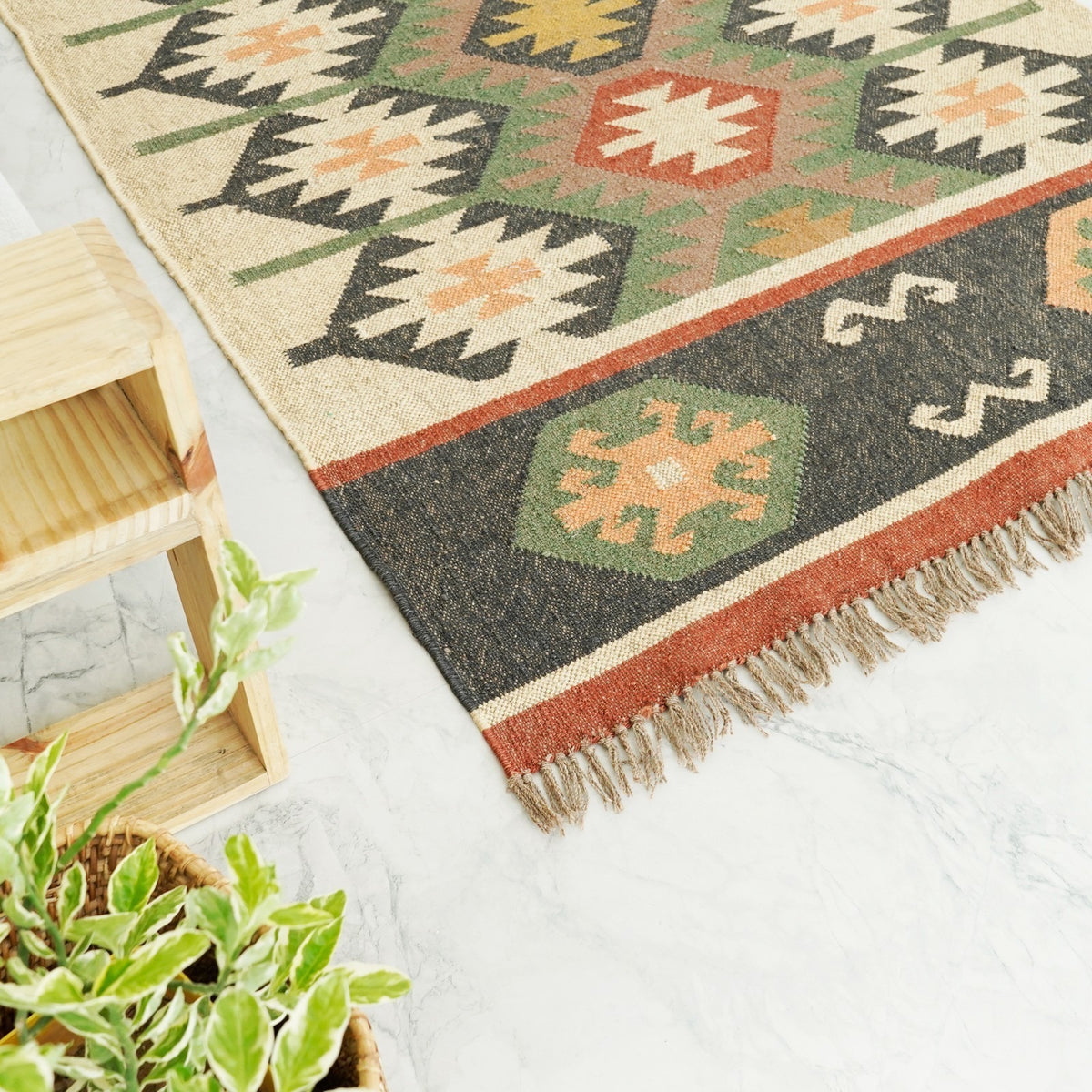 Handmade Kilim Rectangle Boho Mats Wool Durable Rustic Look Boho Area Carpet Farmhouse Jute Rug