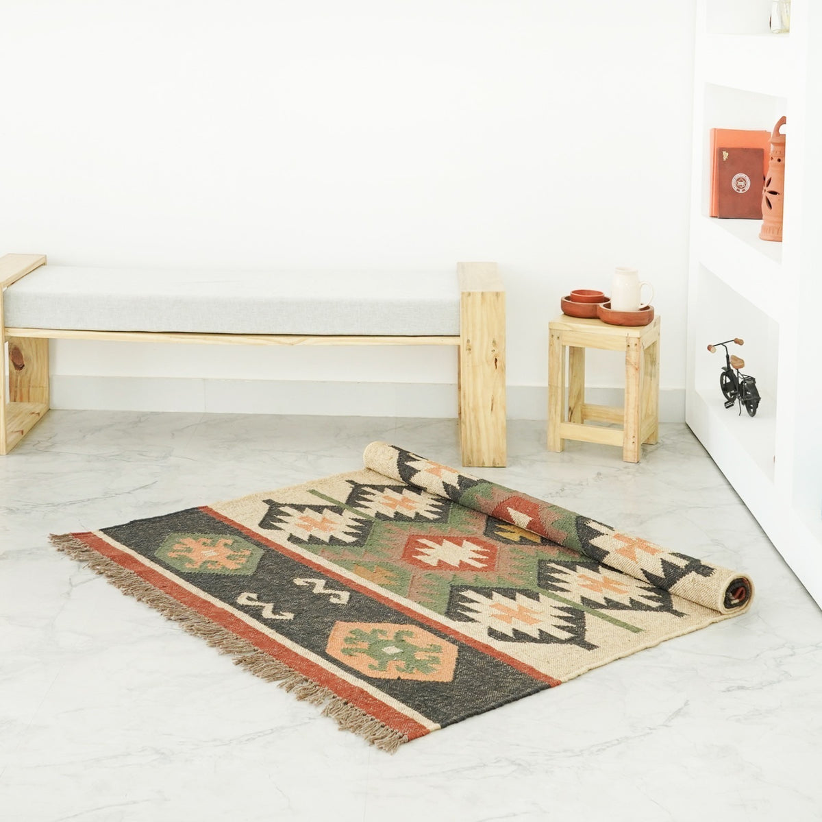 Handmade Kilim Rectangle Boho Mats Wool Durable Rustic Look Boho Area Carpet Farmhouse Jute Rug