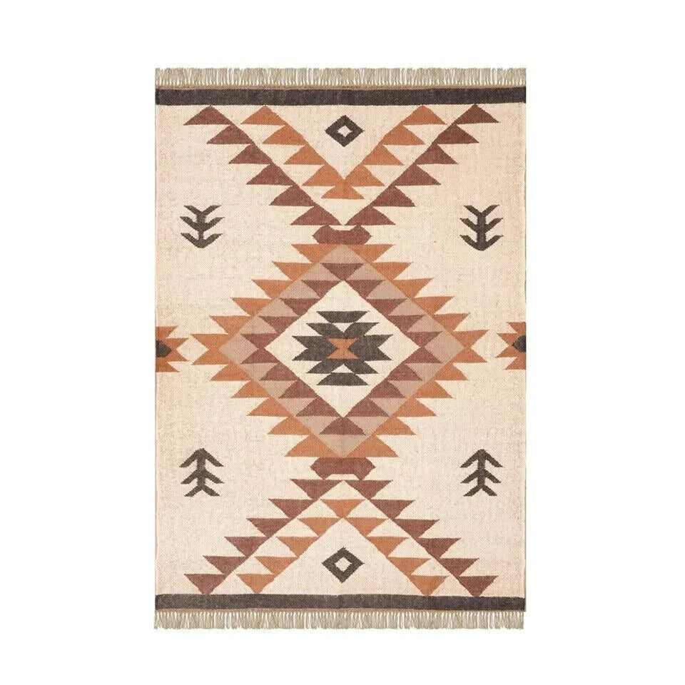 Handmade Kilim Rectangle Boho Mats Wool Durable Rustic Look Boho Area Carpet Farmhouse Jute Rug (Beige)