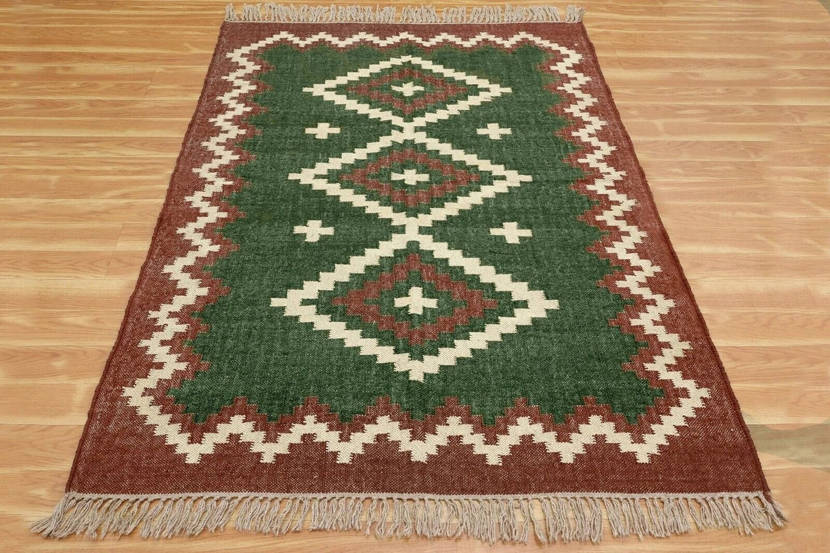 Handmade Kilim Rectangle Boho Mats Wool Durable Rustic Look Boho Area Carpet Farmhouse Jute Rug (Green & Brown)