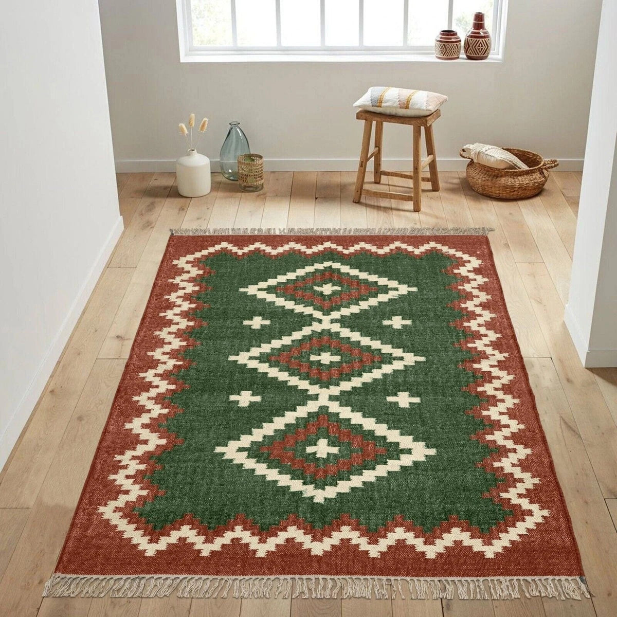 Handmade Kilim Rectangle Boho Mats Wool Durable Rustic Look Boho Area Carpet Farmhouse Jute Rug (Green & Brown)