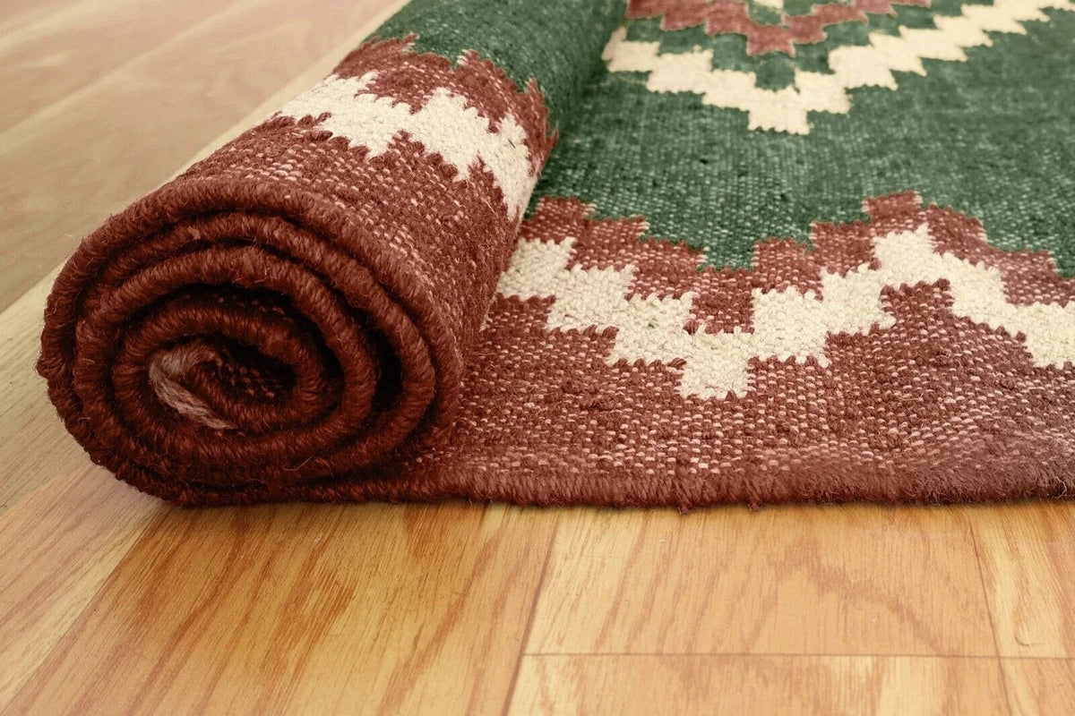 Handmade Kilim Rectangle Boho Mats Wool Durable Rustic Look Boho Area Carpet Farmhouse Jute Rug (Green & Brown)