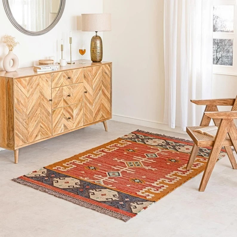 Handmade Kilim Rectangle Boho Mats Wool Durable Rustic Look Boho Area Carpet Farmhouse Jute Rug (Orange,Black, Yellow)
