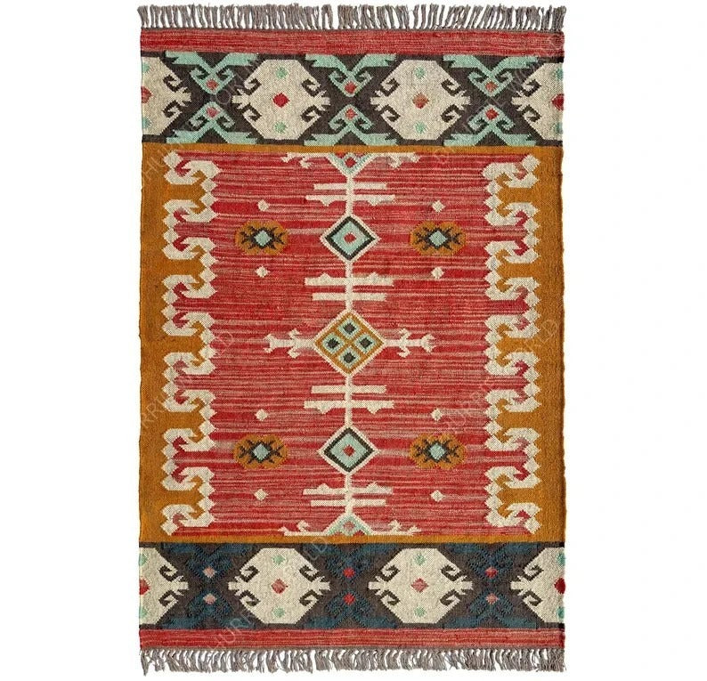 Handmade Kilim Rectangle Boho Mats Wool Durable Rustic Look Boho Area Carpet Farmhouse Jute Rug (Orange,Black, Yellow)