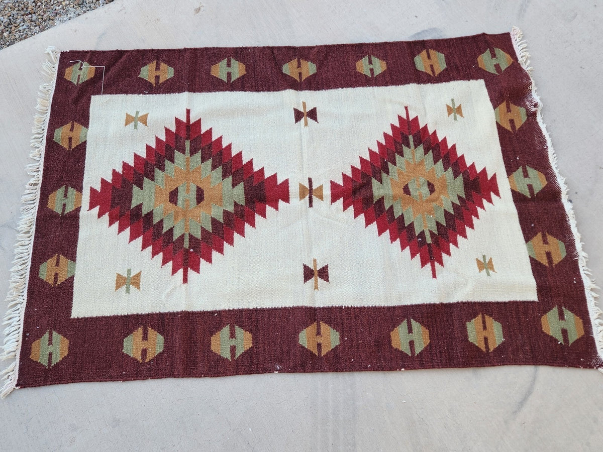 Handmade Kilim Rectangle Boho Mats Wool Durable Rustic Look Boho Area Carpet Farmhouse Jute Rug (Brown & Beige)