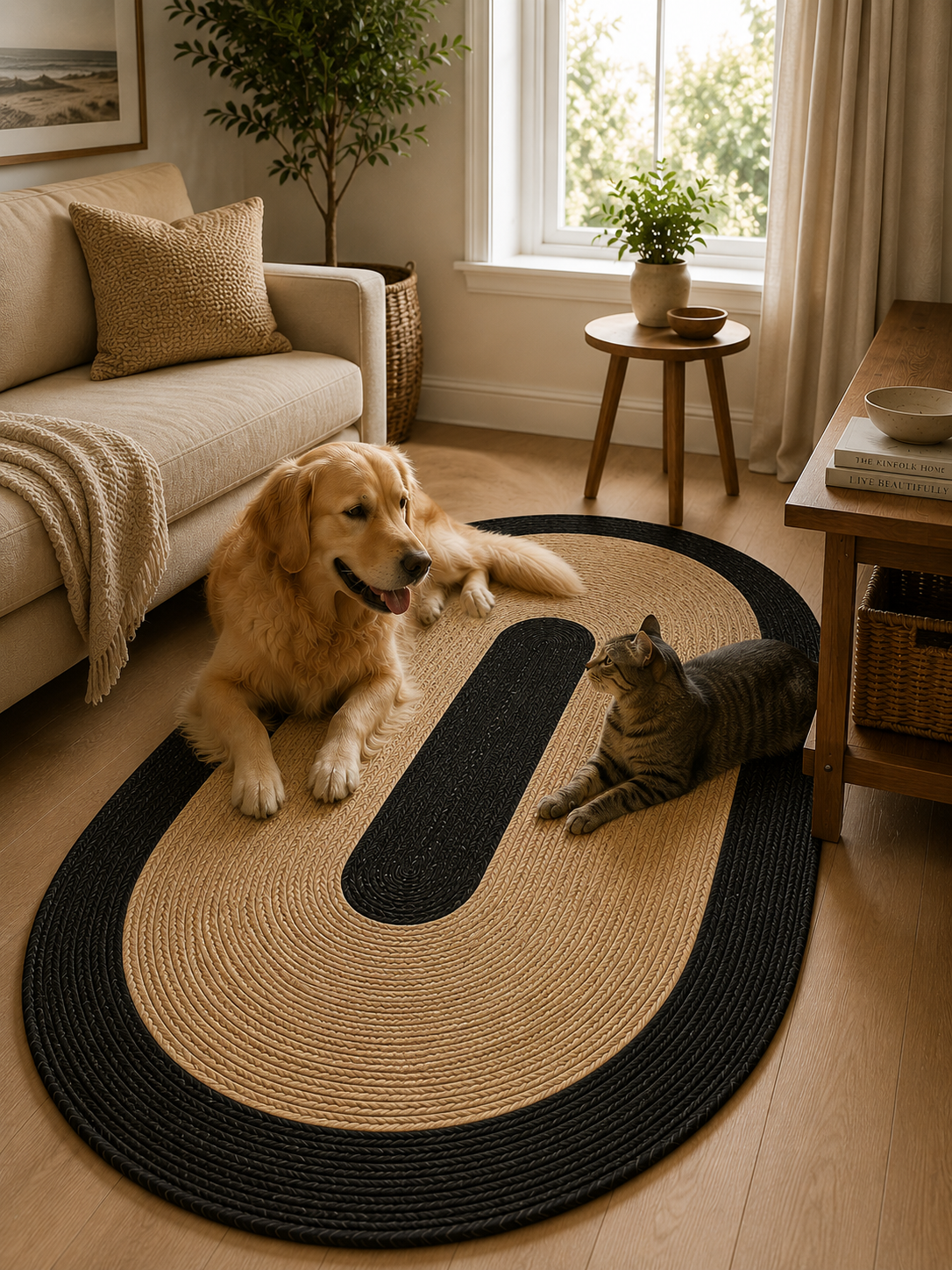 Natural Farmhouse Boho Oval Handwoven Jute Area Rug for Living Room, Bedroom & Entryway Rustic Indoor Floor Carpet (Black Border)
