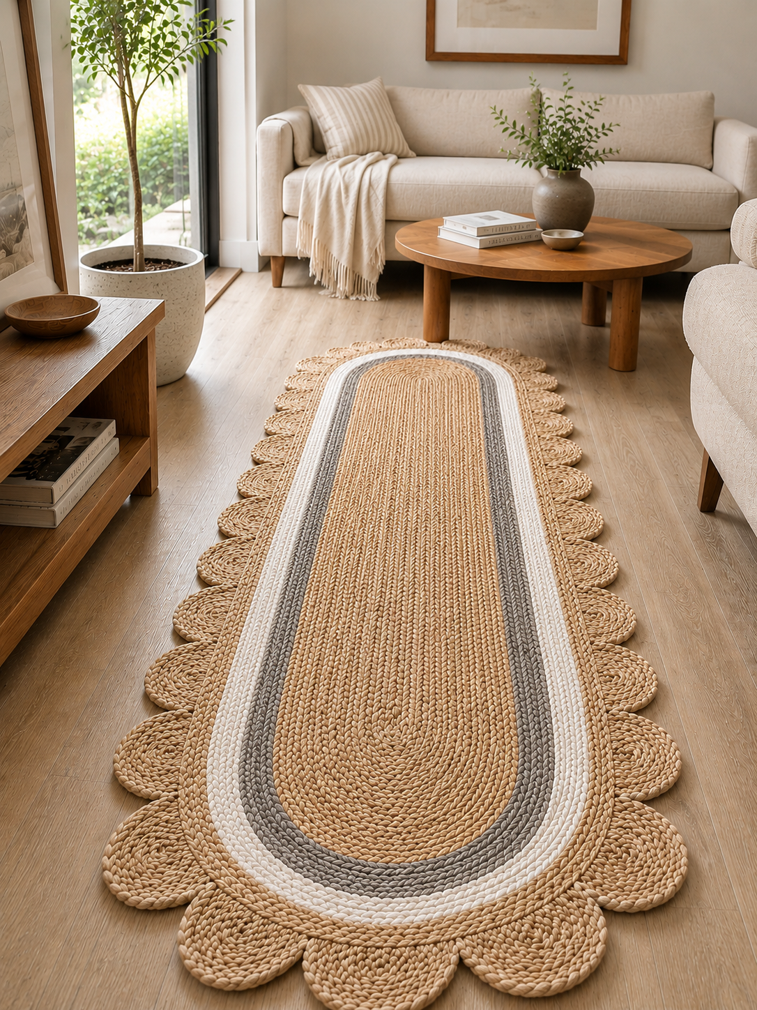 Oval Handwoven Jute Area Rug Natural Farmhouse Boho Rug for Living Room, Bedroom & Entryway Rustic Indoor Floor Scallop Carpet (White Grey Border)