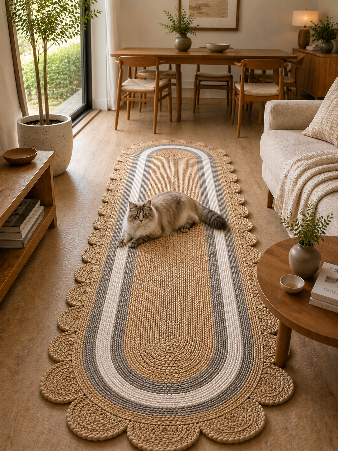 Oval Handwoven Jute Area Rug Natural Farmhouse Boho Rug for Living Room, Bedroom & Entryway Rustic Indoor Floor Scallop Carpet (Grey White Border)