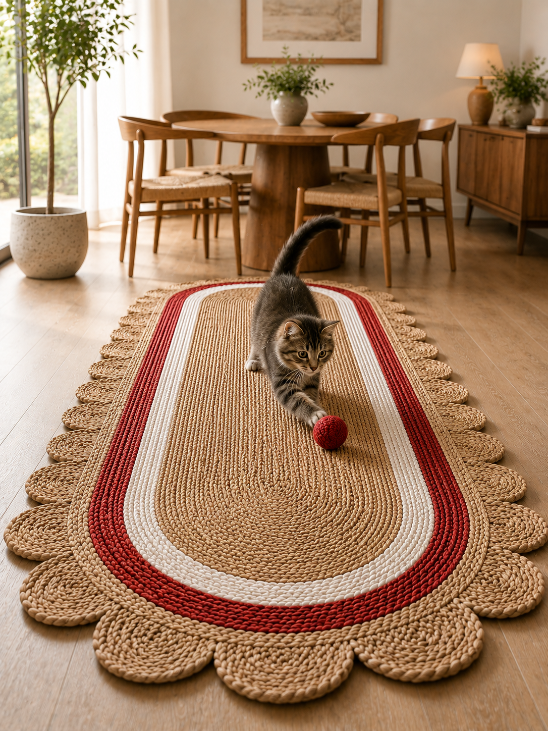 Oval Handwoven Jute Area Rug Natural Farmhouse Boho Rug for Living Room, Bedroom & Entryway Rustic Indoor Floor Scallop Carpet (Red.White Border)