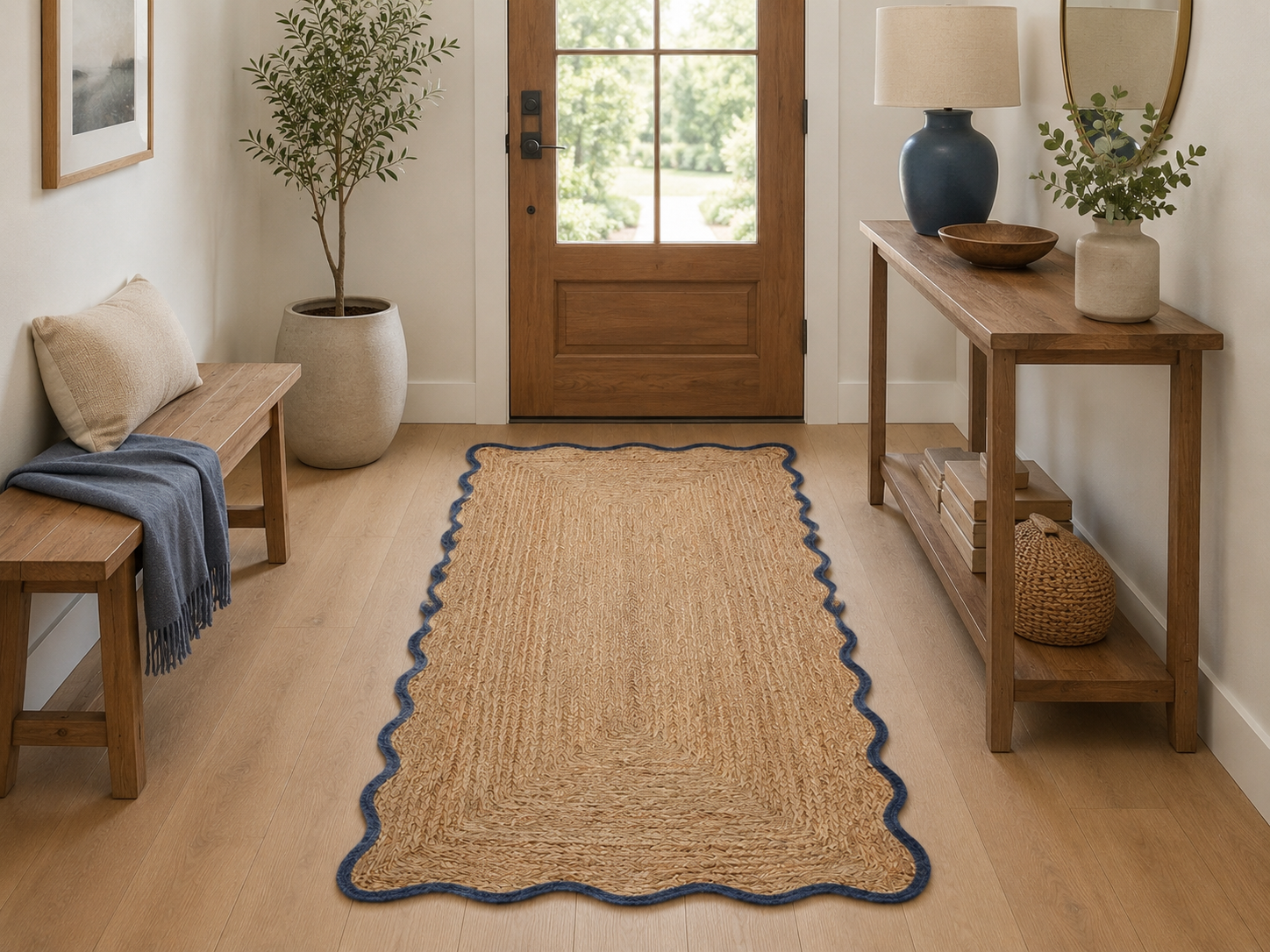 Natural Handwoven Jute Area Rug Scalloped Blue Border Farmhouse Boho Rug for Living Room, Bedroom & Entryway Rustic Indoor Floor Mat