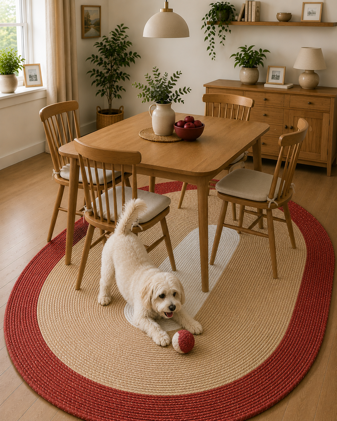 Natural Farmhouse Boho Oval Handwoven Jute Area Rug for Living Room, Bedroom & Entryway Rustic Indoor Floor Carpet (Red Border)
