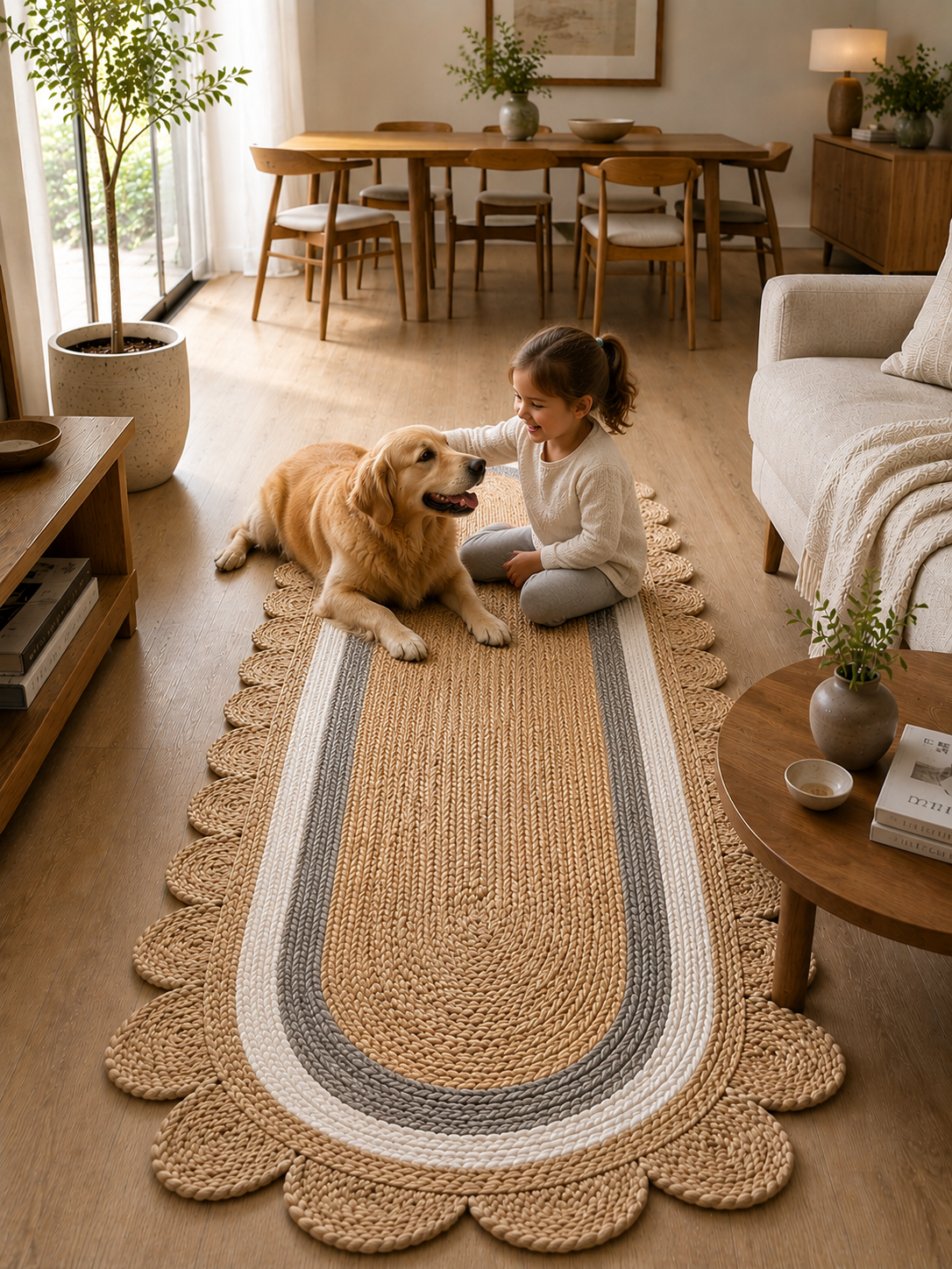 Oval Handwoven Jute Area Rug Natural Farmhouse Boho Rug for Living Room, Bedroom & Entryway Rustic Indoor Floor Scallop Carpet (Grey White Border)