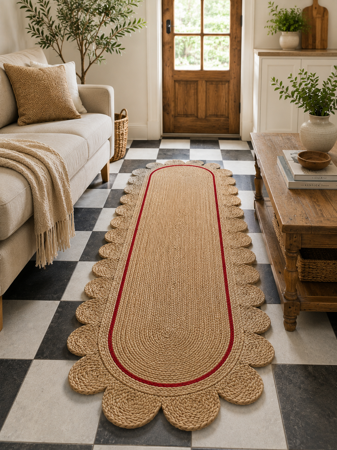 Oval Handwoven Jute Area Rug Natural Farmhouse Boho Rug for Living Room, Bedroom & Entryway Rustic Indoor Floor Scallop Carpet (Red Border)