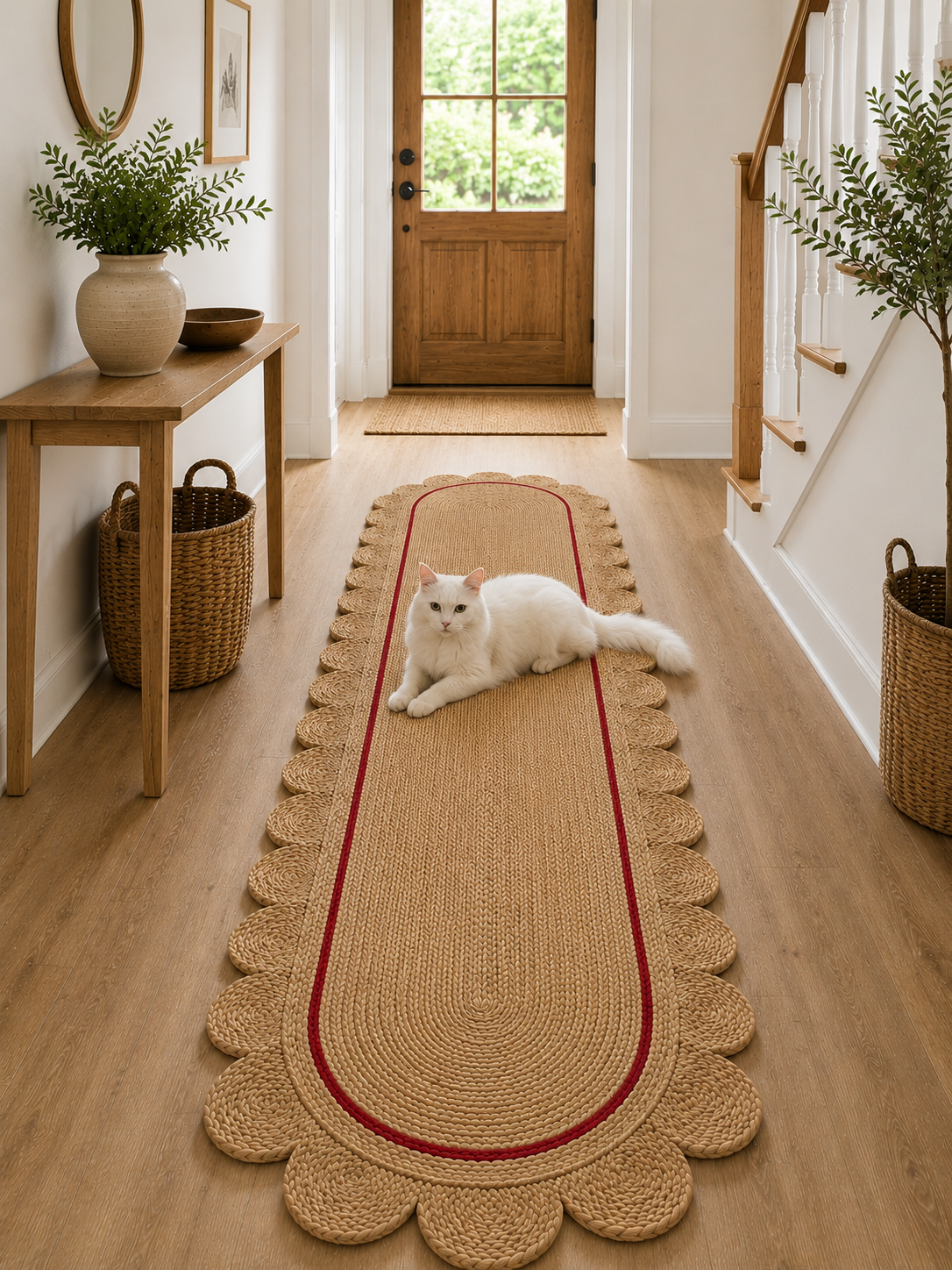 Oval Handwoven Jute Area Rug Natural Farmhouse Boho Rug for Living Room, Bedroom & Entryway Rustic Indoor Floor Scallop Carpet (Red Border)
