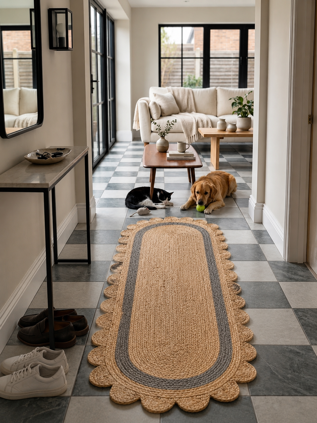 Oval Handwoven Jute Area Rug Natural Farmhouse Boho Rug for Living Room, Bedroom & Entryway Rustic Indoor Floor Scallop Carpet (Grey Border)